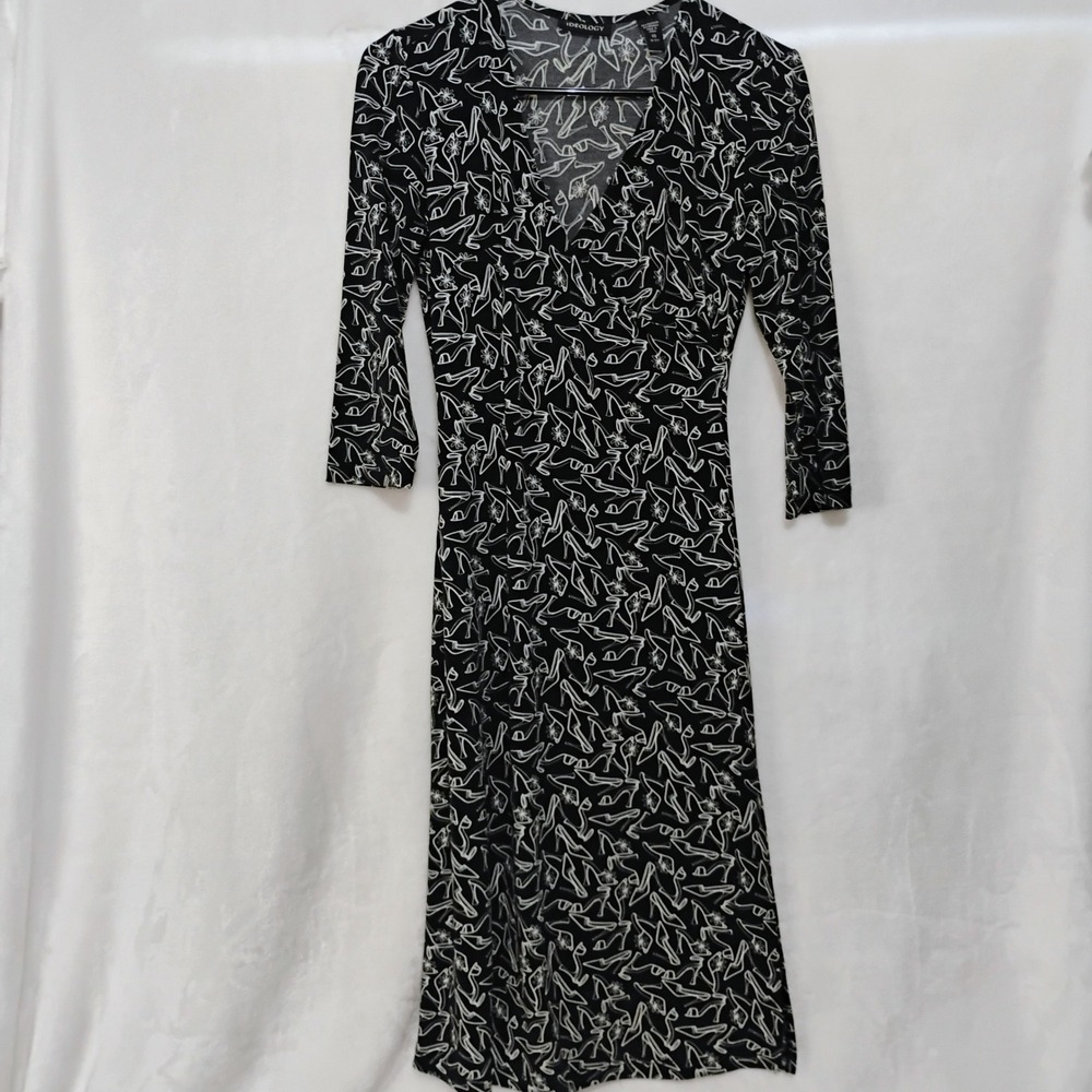 Ideology Womens XS Black White High Heel Shoe Print V Neck Midi Wrap Dress W